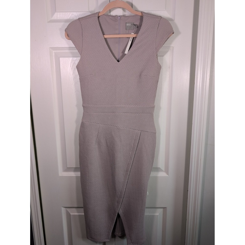 ASOS DESIGN V-Neck Midi Pencil Dress with Textured Sleeves - Size 2 Lilac New